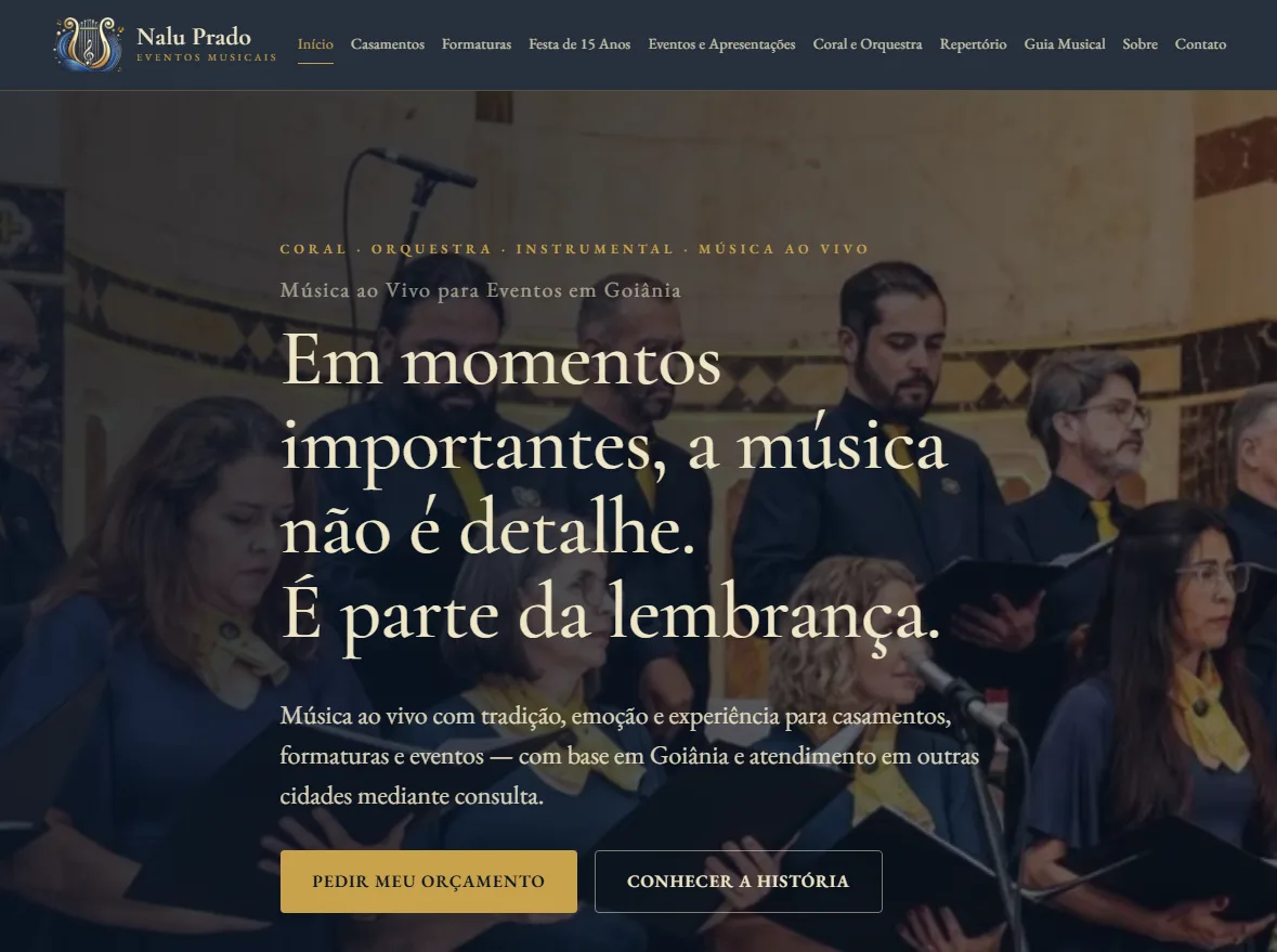 Página inicial do site da Nalu Prado Eventos Musicais, com música ao vivo para casamentos e eventos em Goiânia