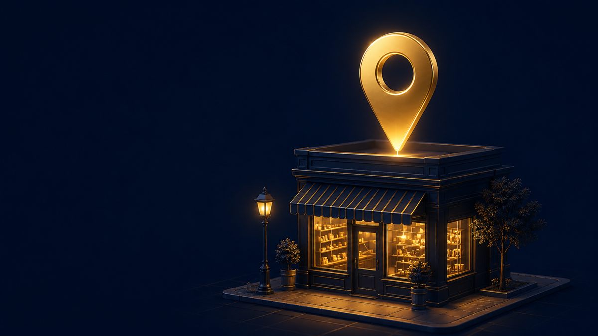 Loja de bairro iluminada com um pino de localização dourado acima — o que é SEO local